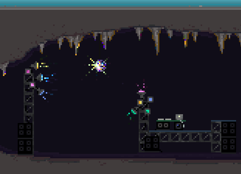 The image shows a pixel illustration of a dark cave with a DJ-set, lights and disco balls.