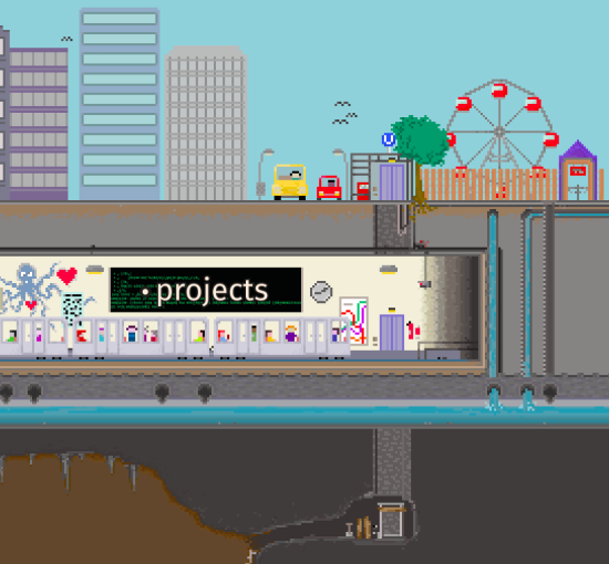 The image shows a pixel illustration of a city, in 3 layers. On top there's a skyline and streets and cars and a ferris wheel. One layer down, we can see into a subway station. Below that, we see a crosscut of wastewater pipes and a big cave that can be reached via an elevator from the train station.