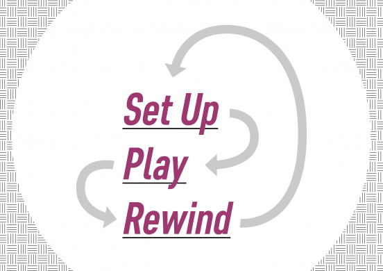 Text slide that shows 3 stages: Set Up, Play and Rewind. They are connected in a cycle made of arrows, but in a twisted and wonky not at all straightforward way.