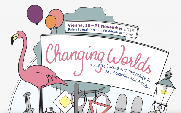 Close up of the conference poster zoomed in on the “Changing Worlds” conference logo.