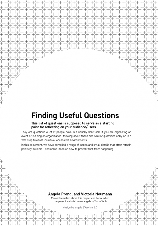 Title page of a document called "Finding useful questions" That is supposed to be a resource for people to learn about accessibility and inclusion