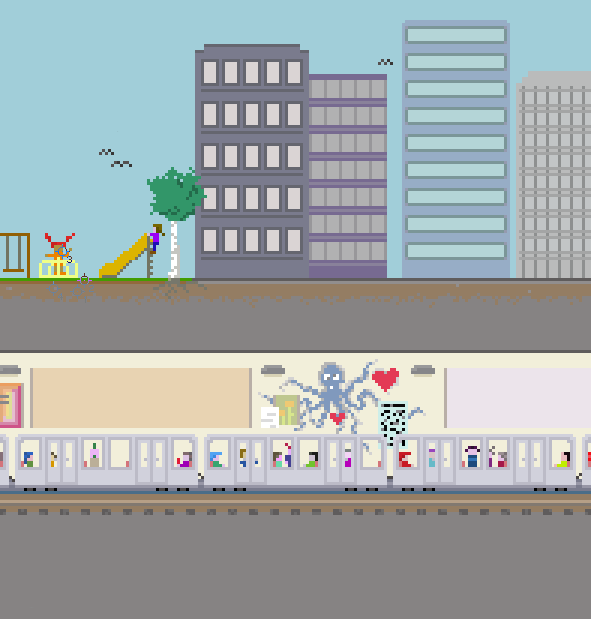 A pixel illustration of a city. On the top, the image shows a row of skyscapers. On the bottom, we can see into an underground subway station with a train and people.