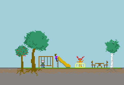 A pixel illustration showing a playground with children playing and trees.