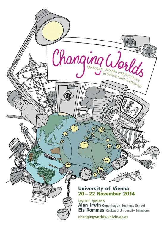 Poster for the Changing Worlds Conference 2014. On a white Background, 3 views of planet earth are in the bottom left corner. Together they show a full world map. A lot of cultural and technical artifacts grow out of the worlds. On top we have a billboard with the conference title, the contact details are in the bottom right corner.