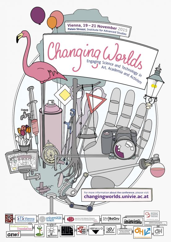 Poster for the Changing Worlds Conference 2015. The poster is an illustrated planet earth with lots of artefacts such as a flamingo, a spray can, a swing, a tree, a robot hand, a street lamp and lab bottles growing out of it. In this forest of artefacts, signs are places that contain the conference Logo and website link.